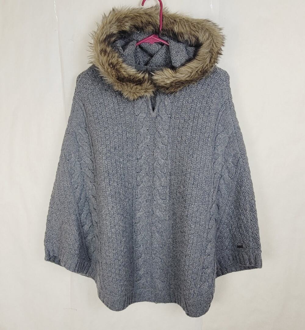 Eddie Bauer grey cable knit fur trim hooded sweater poncho XS/S Cabin Preppy